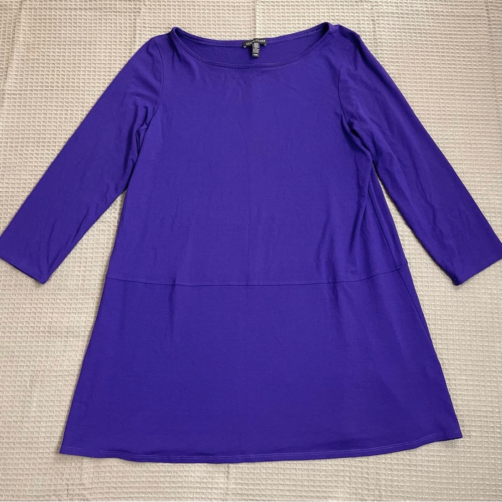 Eileen Fisher Tunic Top Medium 3/4 Sleeve Jersey Knit Stretch Purple